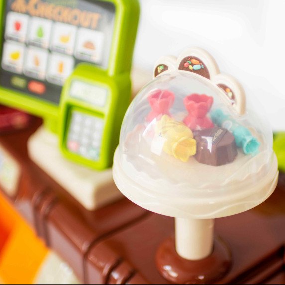 WOOPIE parduotuvės supermarketo vežimėlis pinigų skaičiuoklis Judami elementai + 65 priedų.