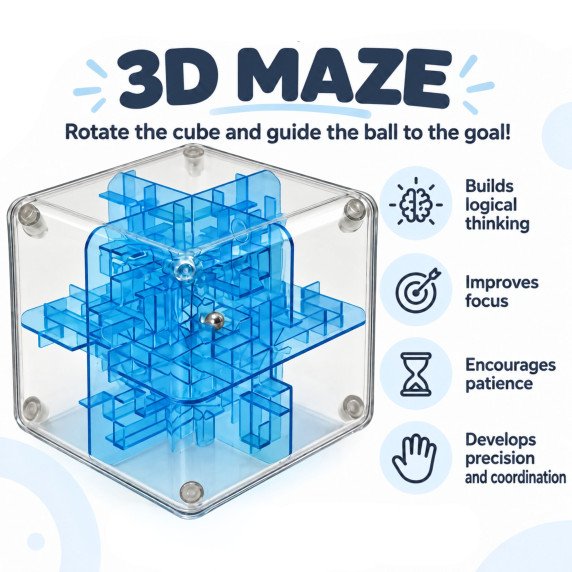 WOOPIE 3D raktukų lošimo kubas su kamuoliu arkadinė galvosūkio mėlyna puzzle