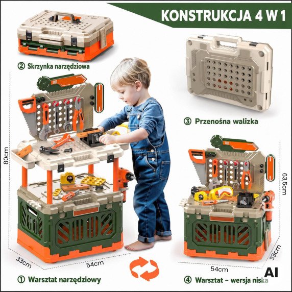 WOOPIE 4-in-1 Darbninko dirbtuvės mažyliams, baterija veikiamas gręžtuvas priedams 90 vnt.