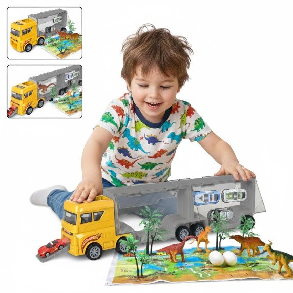 WOOPIE Transporto priemonė su sunkvežimiu 2 1 Dinozaurų rinkinys + modelis.