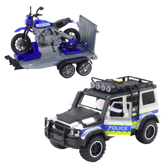 WOOPIE policijos tereninis automobilis su motociklo priekaba rinkinys