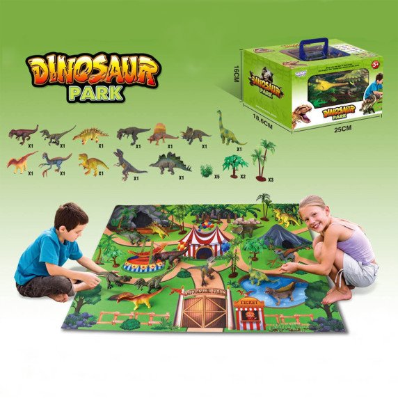 WOOPIE Dinozaurų parko rinkinys žaislai + kilimėlis ir aksesuarai 23 vnt.