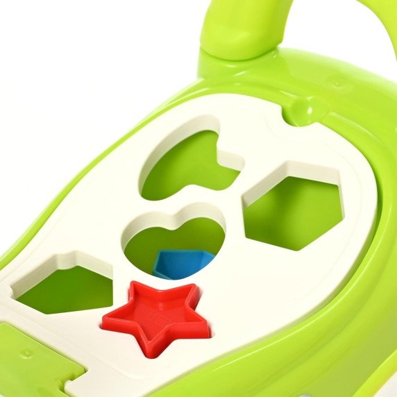 WOOPIE 4-in-1 važiuoklė su rūšiavimo dėžute, stūmikliu, vaikščiojimo pagalve ir ragu, kur yra vietos saugojimui.