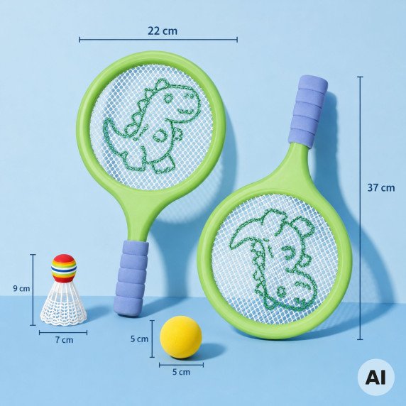 WOOPIE Badminton Teniso Raketės su putų kamuoliu ir dinozauručiu federu