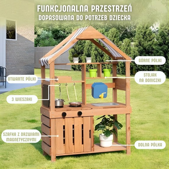 WOOPIE GREEN Medinis sodo virtuvinis su stogeliu, kriaukle ir čiaupužiu