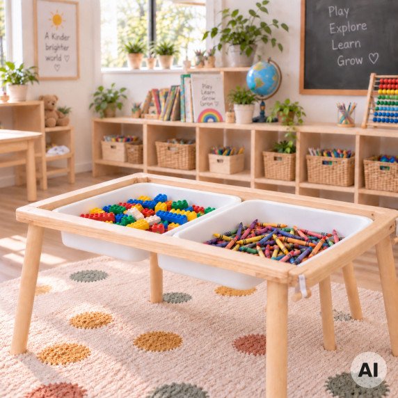 WOOPIE GREEN Medinis 4-in-1 veiklos stalas Kreidinės lenta Konteineriai miesto žemėlapiai Paveikslėlių piešiniai