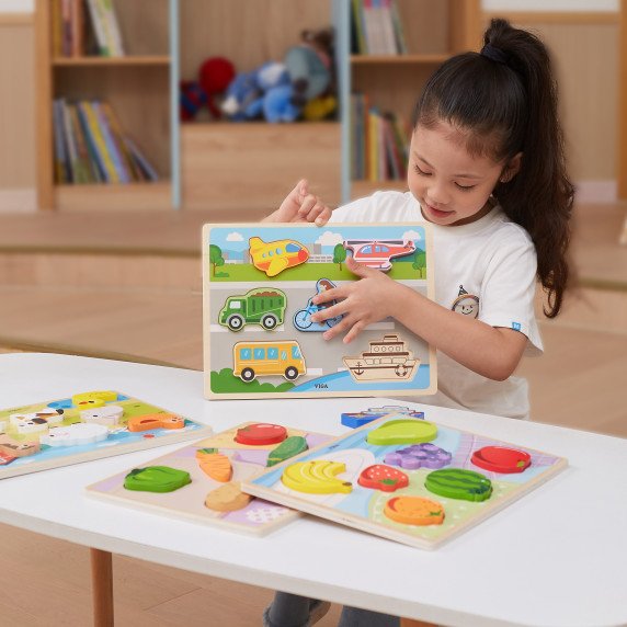 VIGA Medinis Puslenis Montessori 2 į 1 Figūros Transporto Priemonės