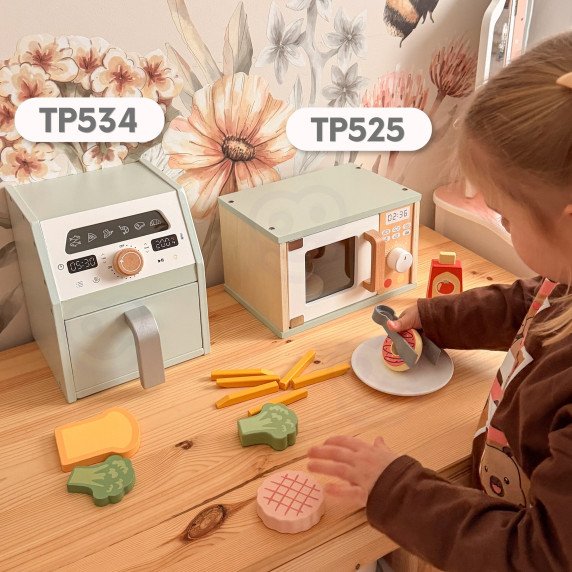 Medinis mikrobangų krosnis su maisto rinkiniu iš medžio TOOKY TOY