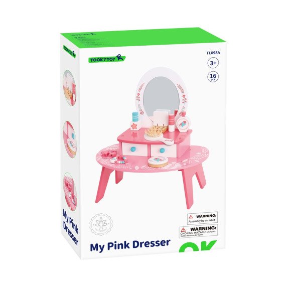 TOOKY TOY Rožinis medinis makiažo staliukas su veidrodžiu