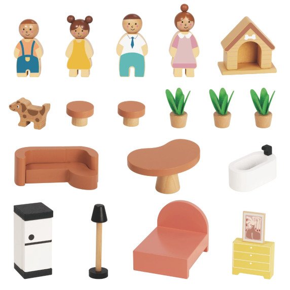 TOOKY TOY Medinis Lėlių namelis su priedais ir šeima 20 vnt.