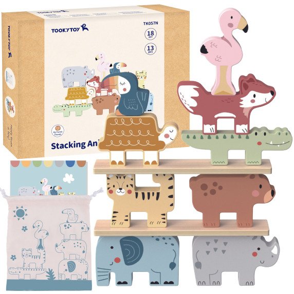TOOKY TOY Mediniai blokai galvosūkis gyvūnai Montessori 9 vnt.