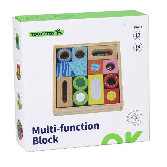 TOOKY TOY Mediniai dėžutės pojūčių blokai Daugiafunkciniai puzzle formos garsas, lietimas 12 vnt.