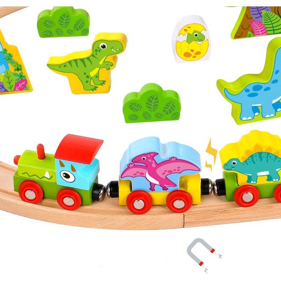 TOOKY TOY Medinis Magnetinis Traukinys Su Dinozaurais + Figūromis