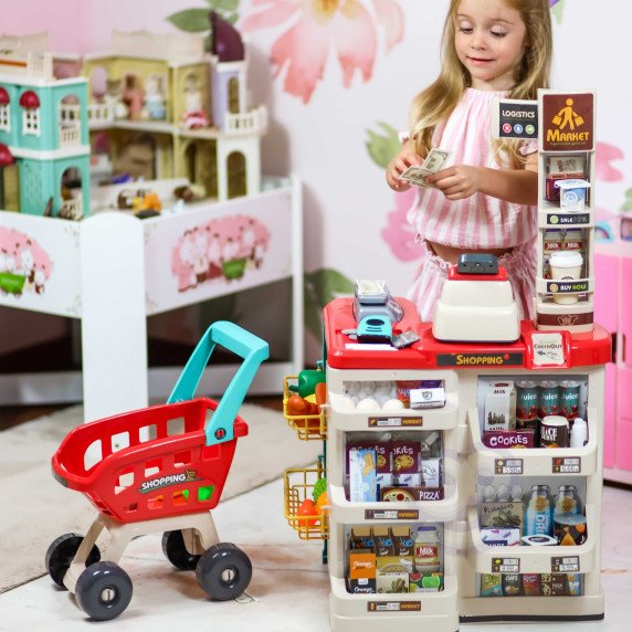 WOOPIE supermaketas su parduotuvės vežimėliu, svarstyklėmis, pinigų registratūra, skeneriu bei 48 reikmenys.