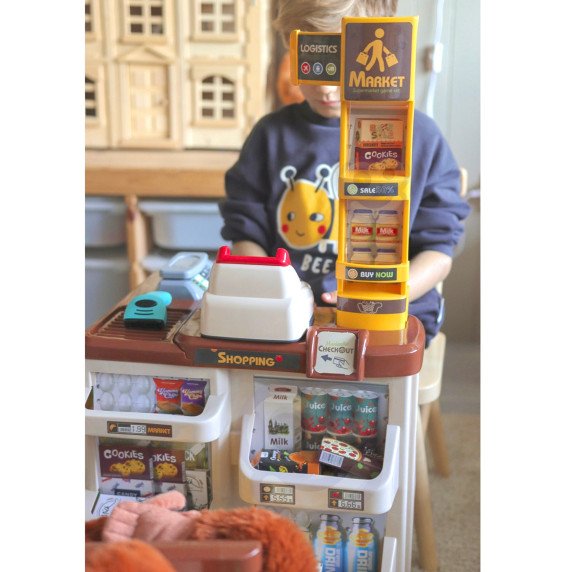 WOOPIE super marketas su vežimu, svarstyklėmis, kasos aparatu, skaneriu ir 48 priedų.