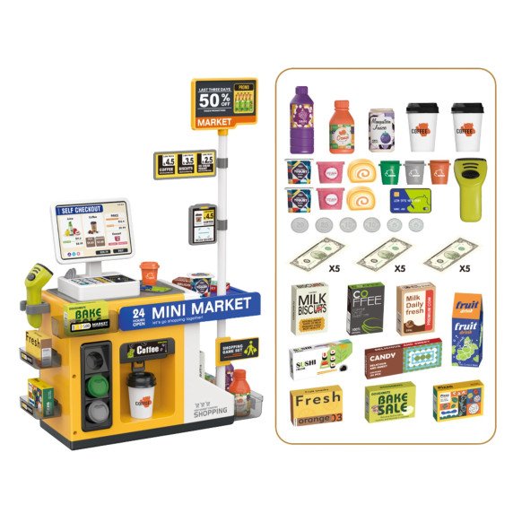WOOPIE Mini Market Interaktyvus Kasa Skeneris Priedai Garsai Šviesa