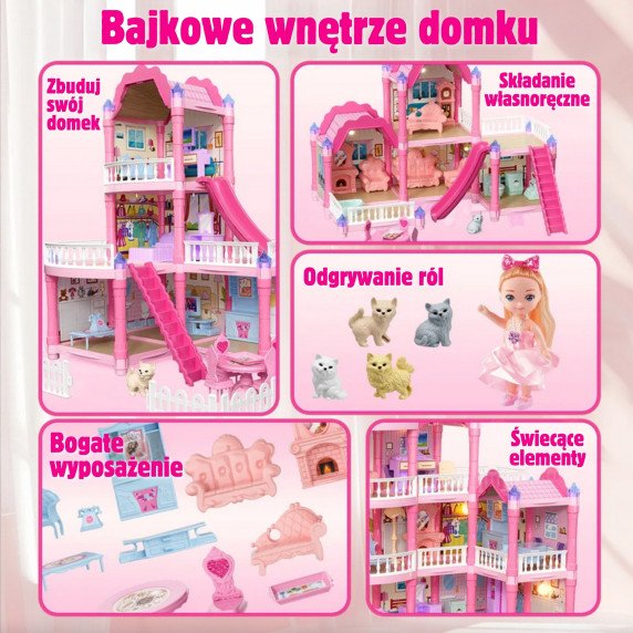 WOOPIE Lėlių namas vila su priedais ir šviestuvu lėlių 296 vnt.
