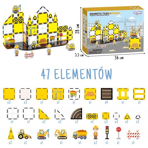 WOOPIE Magnetinės Statybinės Dėžės 7.5 cm Statybos Aikštelė STEAM 47 vnt.