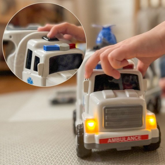 WOOPIE Kelioninis vilkikas su gaisrinės mašinyte, komplektas su 5 automobiliais - Greitasis gelbėjimo automobilis