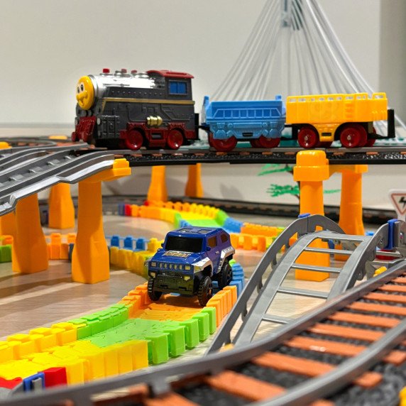 WOOPIE Elektrinis Traukinių Lenktynių Kelio Takelis 2in1 Traukinių Viadukas Automobilis XXL 192 vnt.