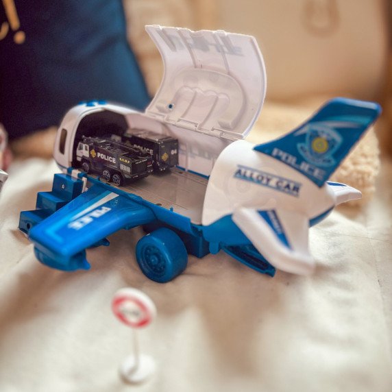 Sulankstomas policijos lėktuvas su 3 policijos automobiliais XL rinkinys Kelių ženklų.
