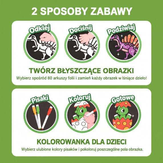 WOOPIE Meno Rinkinys Folija Koliažo Spalvinimo Knyga Dinosauras 121 vnt.