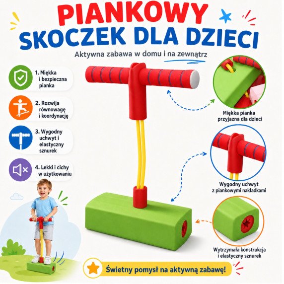 WOOPIE putplastinis žalias Pogo šoklys vaikams, skirtas būti balansui treniruoti.
