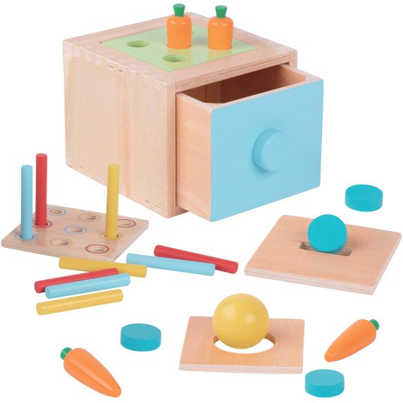 WOOPIE GREEN Medinis mokomasis stalčius 4-in-1 Montessori rūšiavimo morkų žaidimas FSC
