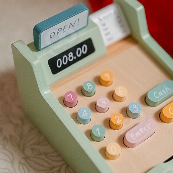 MEDVIDINĖ ŽALIOJI Medinė mokomoji pinigų kasa su priedais 23 vnt. FSC