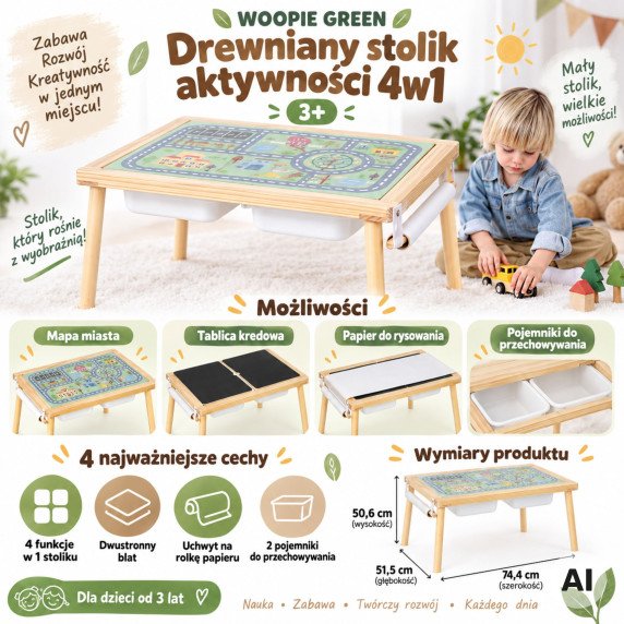 WOOPIE GREEN Medinis 4-in-1 veiklos stalas Kreidinės lenta Konteineriai miesto žemėlapiai Paveikslėlių piešiniai