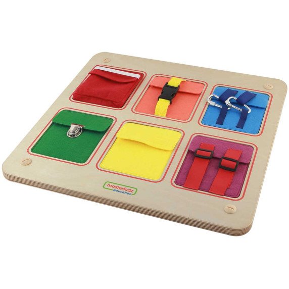 MASTERKIDZ medinis lankstus sienos manipuliavimo stalas su spalvingais kišenėliais, sagomis ir velkroju