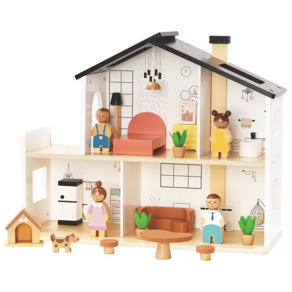 TOOKY TOY Medinis Lėlių namelis su priedais ir šeima 20 vnt.