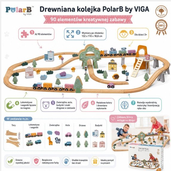 VIGA PolarB Medinis vaikiškas traukinio takelis 90 dalių