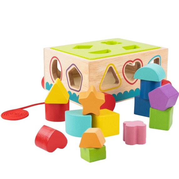 TOOKY TOY Medinis rūšiavimo vežimėlis su blokais 16 vnt.