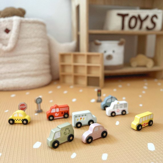 TOOKY TOY rinkinys iš medinių transporto priemonių ir eismo ženklų dėžutėje