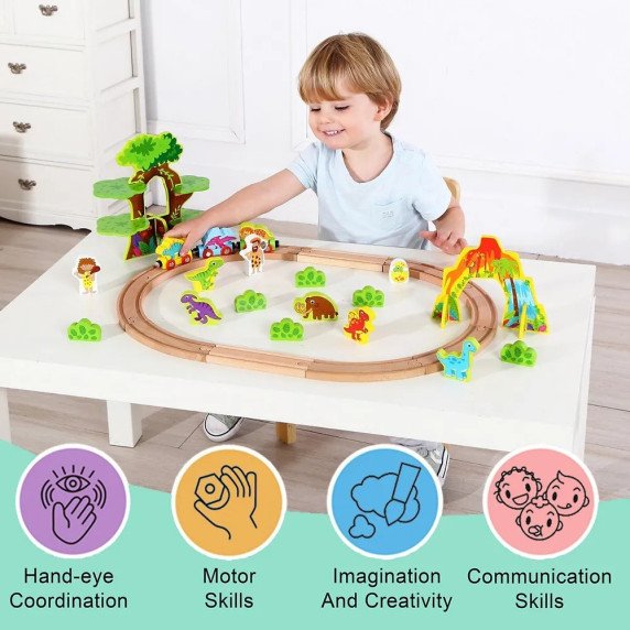 TOOKY TOY Medinis Magnetinis Traukinys Su Dinozaurais + Figūromis