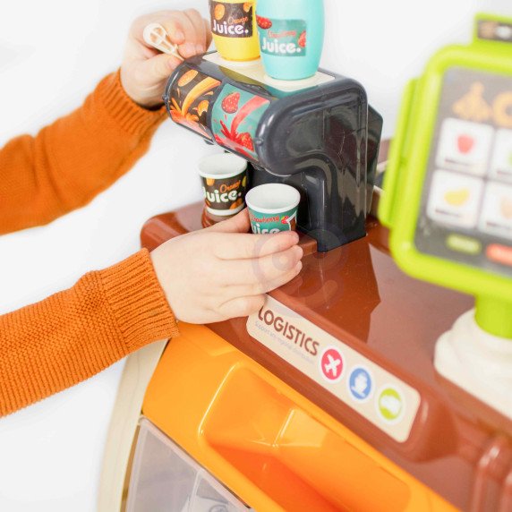 WOOPIE parduotuvės supermarketo vežimėlis pinigų skaičiuoklis Judami elementai + 65 priedų.