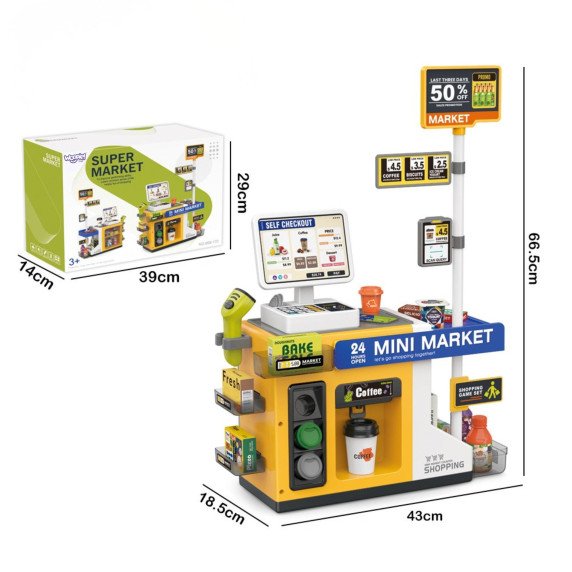 WOOPIE Mini Market Interaktyvus Kasa Skeneris Priedai Garsai Šviesa