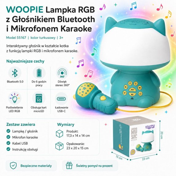 WOOPIE Daugiafunkcinė RGB lempa „Bluetooth“ garsiakalbis „Karaoke“ balsų moduliatorius SD kortelė AUX Turkio spalva