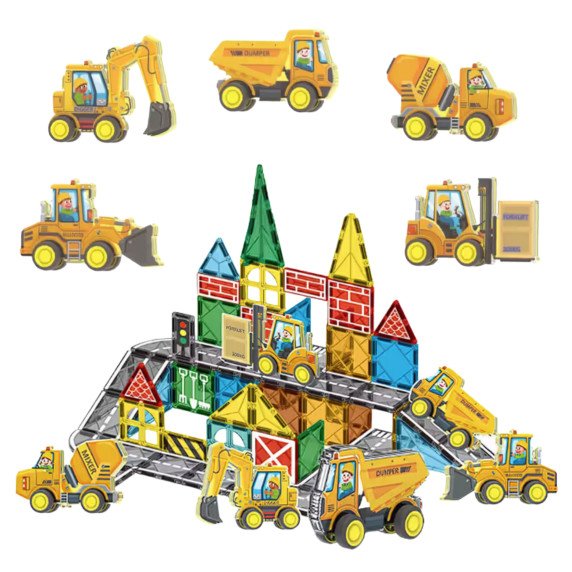 Woopie magnetinis statybinių blokų rinkinys su statybos transporto priemonėmis