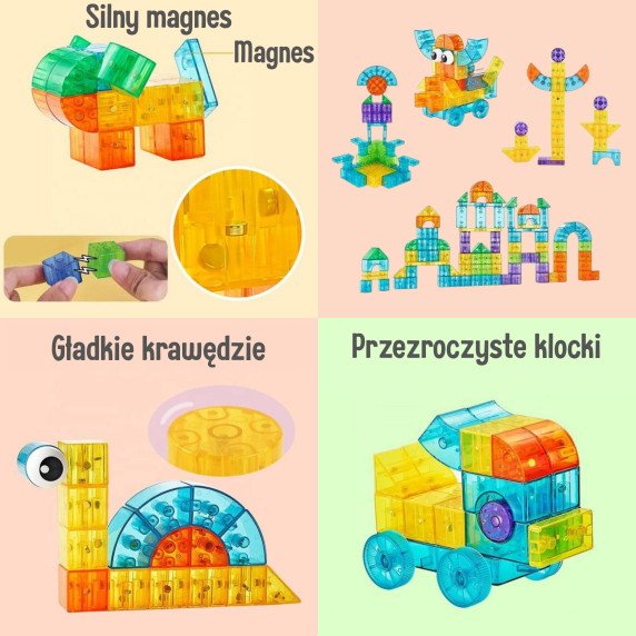 WOOPIE Skaidrūs magnetiniai statybiniai blokai, 43 vnt.
