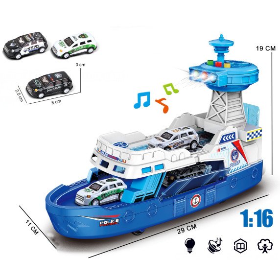 WOOPIE interaktyvus policijos patrulinis laivas - Mastelis 1:16 + 3 automobiliai