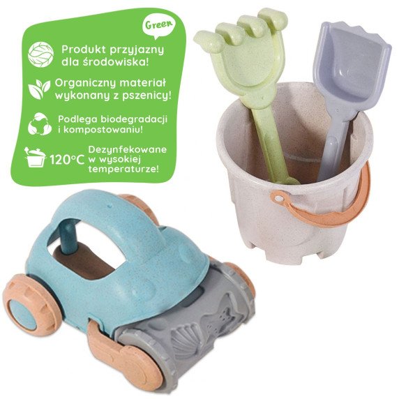 WOOPIE GREEN Smėlio žaidimų rinkinys su kibiru ir mašina, 10 vnt. BIODEGRADUOTINIS ORGANINIS MEDŽIAGAS