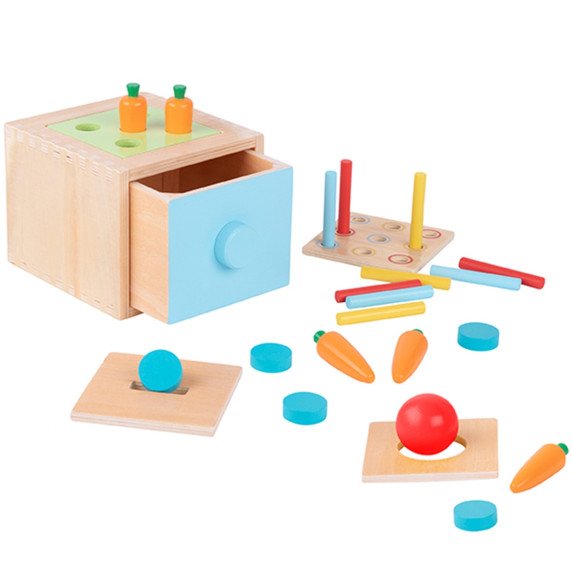 WOOPIE GREEN Medinis mokomasis stalčius 4-in-1 Montessori rūšiavimo morkų žaidimas FSC