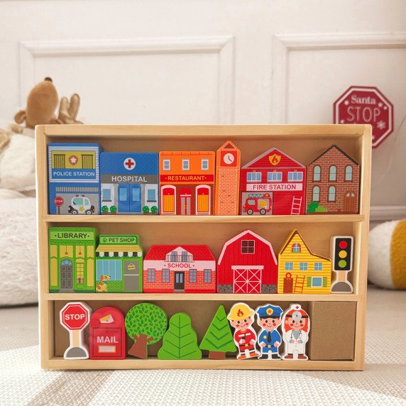 TOOKY TOY Medinis Pastatų ir Figūrų Miesto Rinkinys