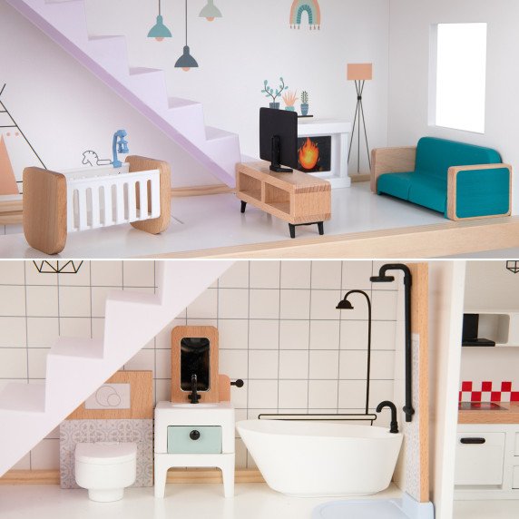 TOOKY TOY Didelis medinis lėlių namas + FSC figūrėlės
