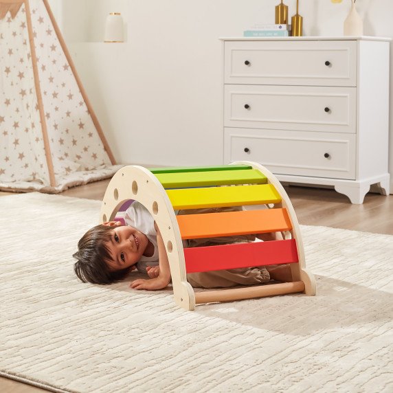 VIGA Medinis grilio tiltas 2 in 1 Montessori Vaivorykštės svirtis