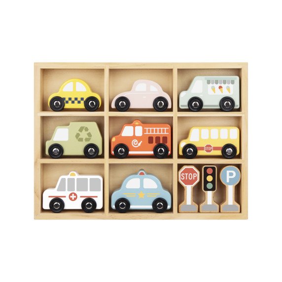 TOOKY TOY rinkinys iš medinių transporto priemonių ir eismo ženklų dėžutėje