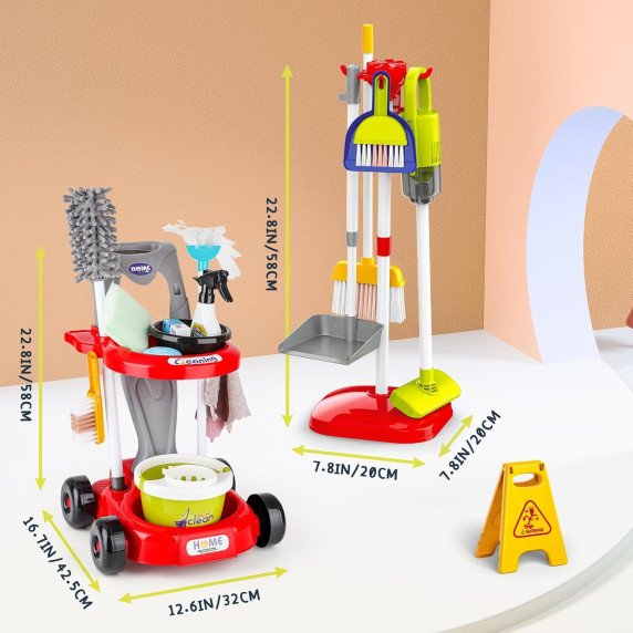 WOOPIE XXL Valymo rinkinys 3 viename vežimėlis 29 dalys raudona