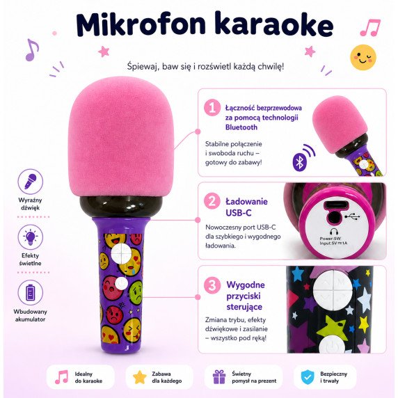 WOOPIE Belaidis Karaoke Mikrofonas su BT Garsiakalbiu LED Rožinis